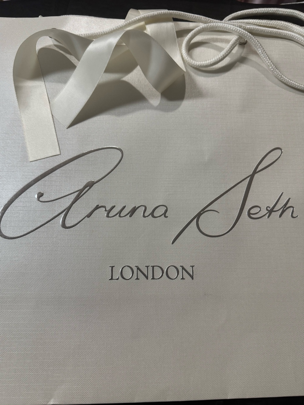 Aruna Seth London 💯% Authentic shopping/gift Bag w/Silver Script & Satin Ribbon.
